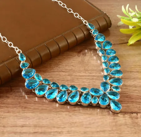 قلادة من التوباز الأزرق مصنوعة من الفضة الإسترليني عيار 925، قلادة من الأحجار الكريمة مصنوعة يدوياً