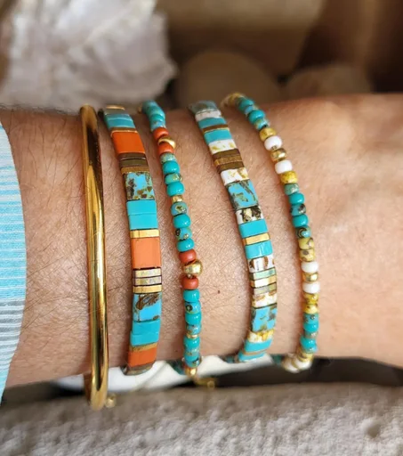 أساور تيلا النسائية المزينة بالخرز، بألوان المرجان والأزرق والفيروزي والذهبي، سوار من خرز ميوكي، خيط أو سلسلة قابلة للتعديل، خرز ياباني مسطح