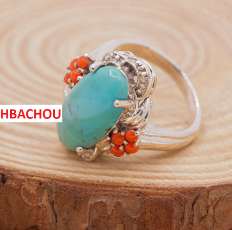 خاتم مرجاني فيروزي عتيق: خاتم من الفضة الإسترلينية عيار 925 مرصع بالأحجار الكريمة
