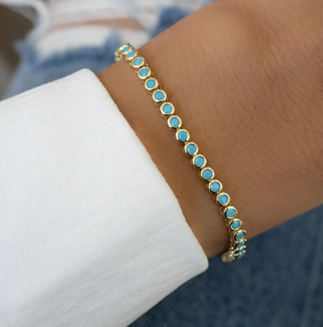 سوار تنس فيروزي، مجوهرات فيروزية، سوار من الأحجار الكريمة، هدية لها، سوار ذهبي، سوار فضي، سوار فيروزي