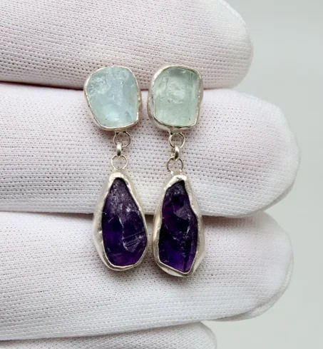 أقراط من الفضة الإسترليني عيار 925 قيراطًا مرصعة بأحجار الجمشت الخام والأكوامارين الخام، أقراط أنيقة من الفضة الخالصة، أقراط من الفضة والجمشت