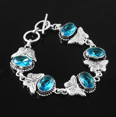 سوار من التوباز الأزرق، سوار مصنوع يدويًا، سوار من الفضة الإسترليني عيار 925، سوار من التوباز، مجوهرات من التوباز، هدية لها، مجوهرات نسائية، هدية عيد ميلاد