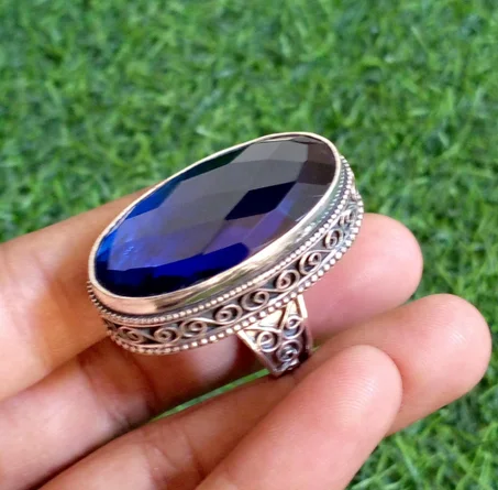 خاتم ياقوت أزرق ~ فضة إسترليني 925، خاتم ياقوت أزرق، مجوهرات مصنوعة يدويًا ~ عصرية ~ خاتم بتصميم جميل، هدية عيد ميلاد