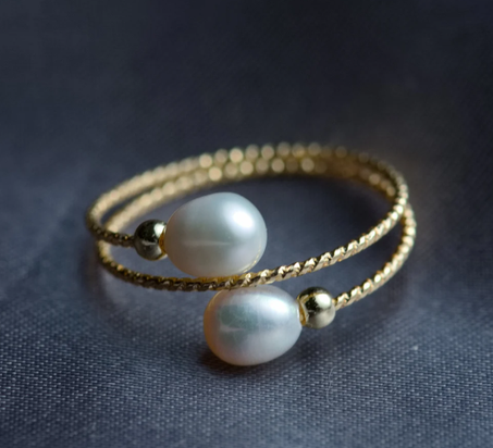 خاتم مفتوح مع لؤلؤ المياه العذبة، خاتم مفتوح من الذهب، خاتم لؤلؤ، خاتم متعدد الطبقات رقيق، خاتم بسيط، خاتم يومي، خاتم قابل للتعديل، هدية عيد ميلاد لها
