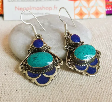 أقراط تبتية - مجموعة نيبالماشوب - أحجار الفيروز واللازورد