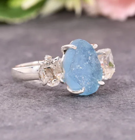 خاتم ألماس هيركيمر مرصع بحجر أكوامارين خام، ثلاثة أحجار كريمة طبيعية، خاتم ألماس خام، خاتم فضة إسترليني عصري، مجوهرات مرصعة بحجر بخت شهر مارس