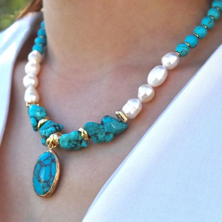 عقد من اللؤلؤ الفيروزي والباروكي: قلادة بوهيمية مصنوعة يدويًا، حجر ميلاد شهر ديسمبر، مجوهرات ذهبية