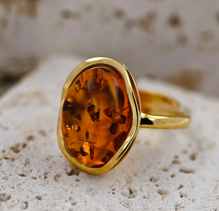 خاتم من العنبر العسلي البلطيقي، العنبر الطبيعي، خاتم من العنبر الكونياك، فضة إسترلينية مطلية بالذهب، خاتم من الفضة 925 مطلي بالذهب، خاتم قابل للتعديل