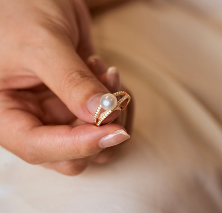 خاتم لؤلؤ طبيعي مع ألماس، خاتم لؤلؤ فاخر، خاتم ذهب، مجوهرات لؤلؤ، خاتم بسيط، خاتم خطوبة