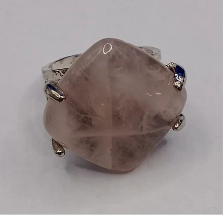 خاتم نسائي فضي من حجر الكوارتز الوردي الطبيعي Bijoux en  pierre naturelle Quartz rose
