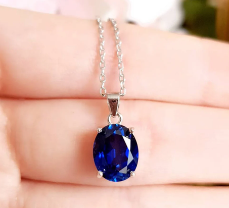 قلادة من الياقوت الأزرق الملكي المزروع في المختبر، عقد سوليتير بيضاوي بسيط من الياقوت الأزرق، مطلي بالذهب الأبيض، فضة، هدية لشهر سبتمبر