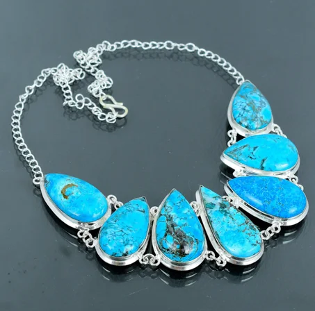 قلادة من الفضة الإسترلينية عيار 925 مرصعة بالفيروز التبتي - مجوهرات بوهيمية مصنوعة يدويًا