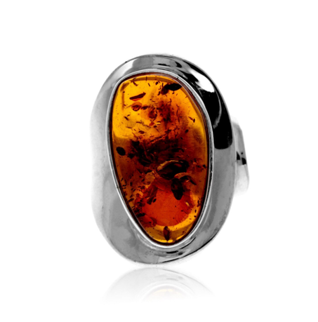 خاتم من الفضة الإسترلينية عيار 925 مرصع بحجر العنبر البلطيقي الأصلي بلون الكونياك - قابل للتعديل