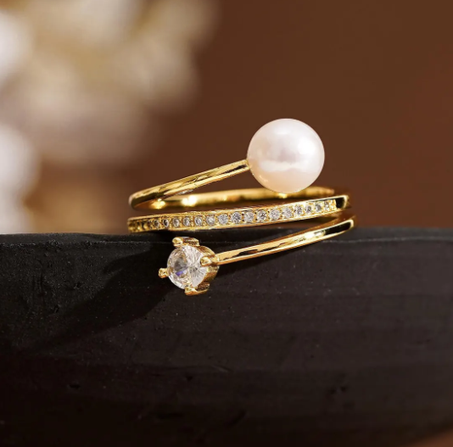 خاتم لؤلؤ طبيعي مع ألماس، خاتم ذهب عيار 14، خاتم لؤلؤ فاخر، مجوهرات لؤلؤ بسيطة، مجوهرات زفاف، هدايا عيد الأم لها
