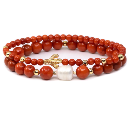 طقم أساور من المرجان واللؤلؤ، مصنوع يدويًا ومطلي بالذهب عيار 14 قيراطًا