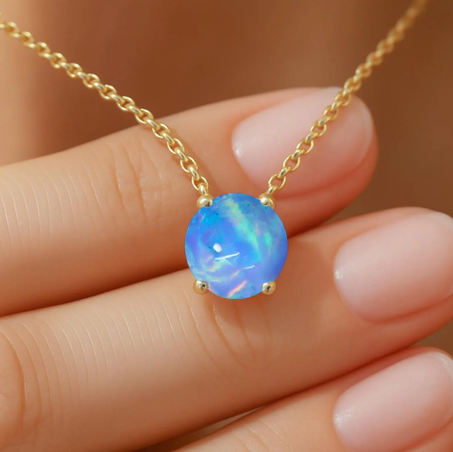 قلادة ذهبية بحجر أوبال أزرق ناري دائري، قلادة سلسلة ذهبية من الأوبال الإثيوبي، مجوهرات من حجر الأوبال، هدية مصنوعة يدويًا لها