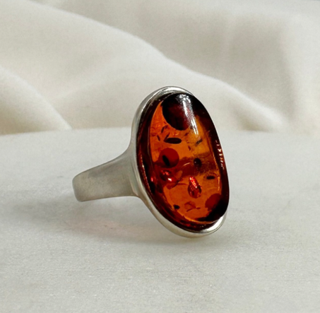 خاتم فضة إسترليني عيار 925 عتيق مع الكهرمان / خاتم فضة إسترليني عيار 925 مع الكهرمان