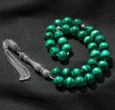 سبحة فضة بحجر ملاكيت طبيعي فاخر
