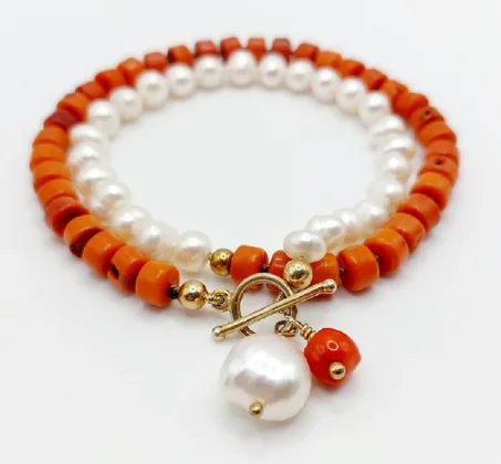 Bracelet ou collier double corail et perles