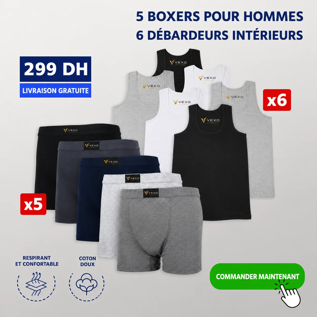 Vexo Lot 6 Debardeurs + 5 Boxers Simple 100% Coton Premium