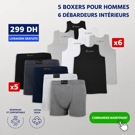 Vexo Lot 6 Debardeurs + 5 Boxers Simple 100% Coton Premium