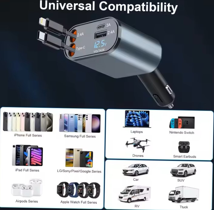 شاحن سيارة سريع الشحن بقوة 100 وات مع كابل مدمج قابل للسحب وشاحن سيارة عالمي بمنفذي USB وType C