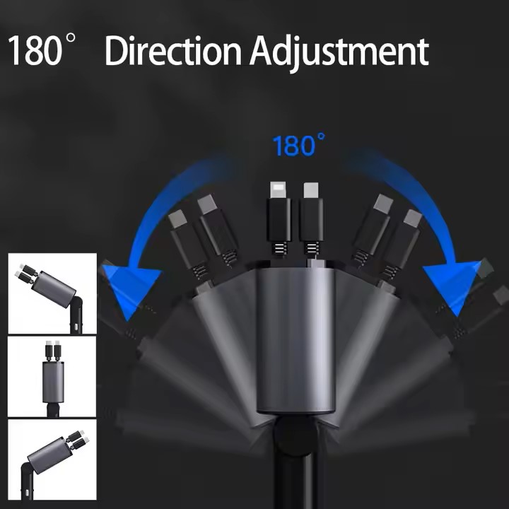 شاحن سيارة سريع الشحن بقوة 100 وات مع كابل مدمج قابل للسحب وشاحن سيارة عالمي بمنفذي USB وType C
