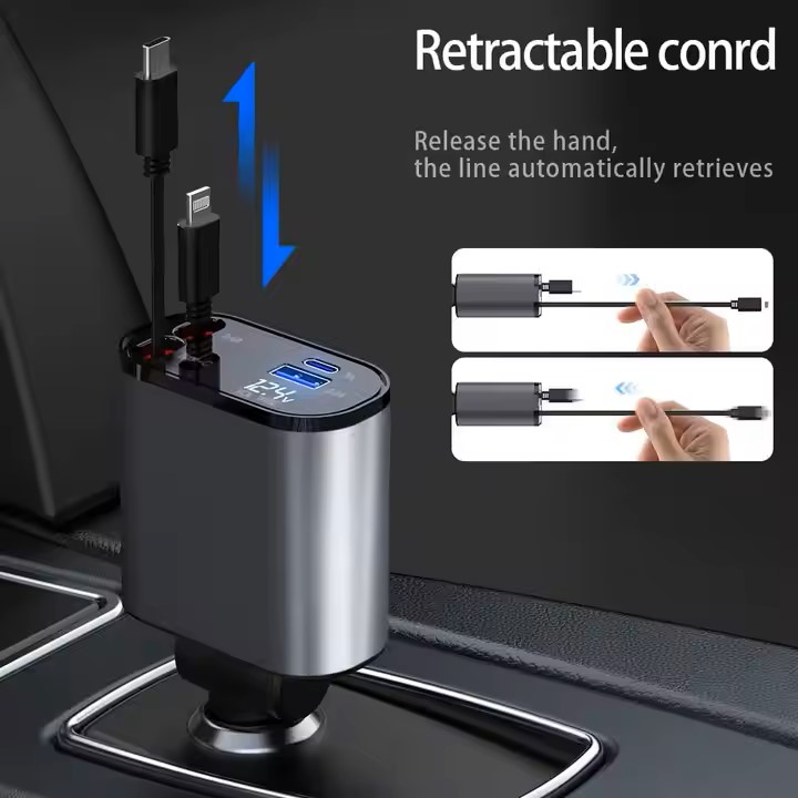 شاحن سيارة سريع الشحن بقوة 100 وات مع كابل مدمج قابل للسحب وشاحن سيارة عالمي بمنفذي USB وType C