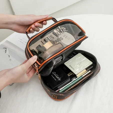 Trousse de toilette transparente double couche pour femmes, sac cosmétique étanche de grande capacité