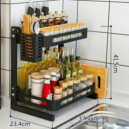 Étagère à Épices 2 Niveaux pour Armoire de Cuisine multifonctionnelle en acier inoxydable رف توابل من طبقتين لخزانة المطبخ متعددة الوظائف من الفولاذ المقاوم للصدأ