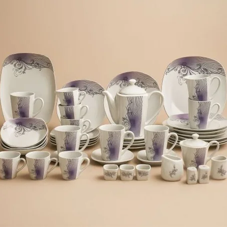 Service de table 30 pièces en porcelaine blanche – Motifs floraux violets et noirs