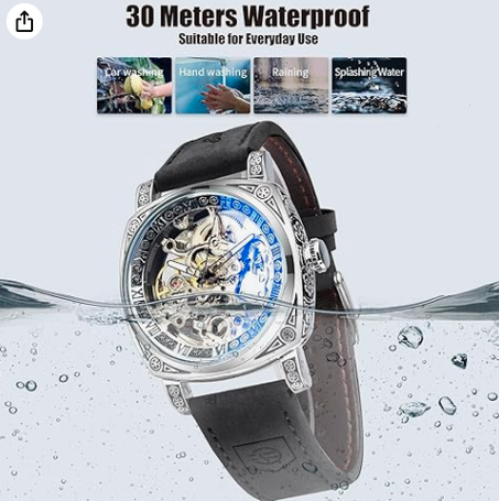 فورسنينج ساعات للرجال، ساعة ميكانيكية رترو مربعة منحوتة ذاتية، ساعات هيكل عظمي اوتوماتيكية بسوار جلدي عتيق