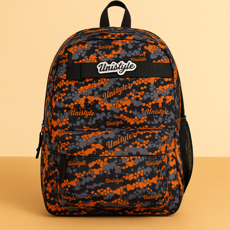 🎒 Sac à dos Unistyle Noir & Orange – Motif Géométrique