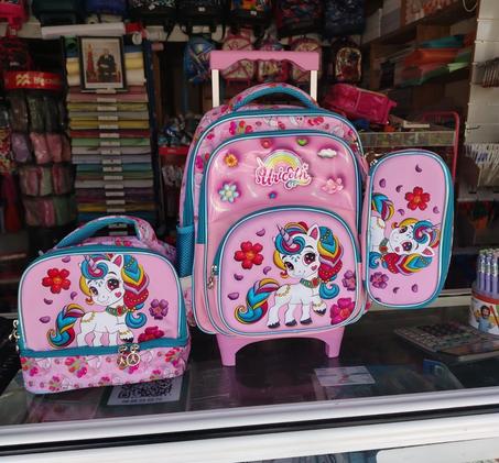 🦄 Ensemble Trolley Licorne Rose – 3 pièces (Cartable, Trousse, Sac Repas)