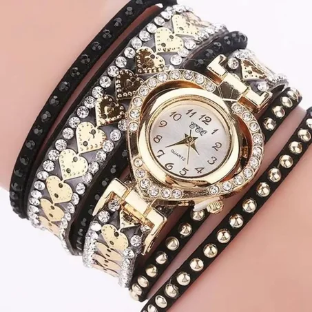 Montre-bracelet femme de luxe en cuir avec mouvement à quartz – Noir