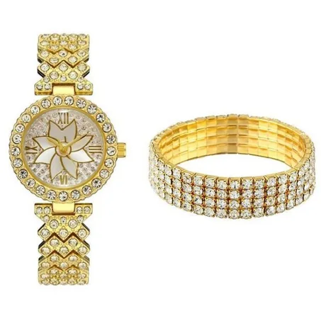 Montre à quartz pour dames avec cadran fleuri romanisé et ensemble de bracelets ciel étoilé – Or
