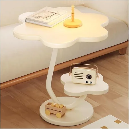 شيوو طاولة جانبية من طبقتين طاولات قهوة عصرية لغرفة المعيشة مركزية على شكل زهرة للمساحات الصغيرة فريدة نوعها مع اطار معدني صغيرة النوم ابيض