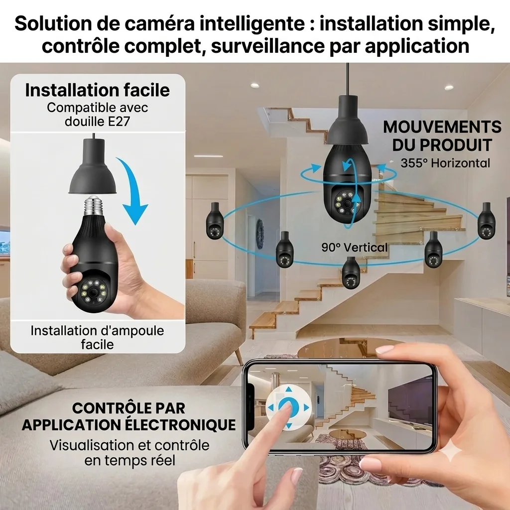 🔒 Caméra de Sécurité Intelligente Wi-Fi E27 – Vision 360° Ultra HD