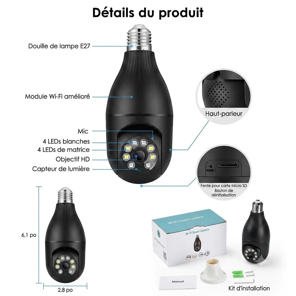 🔒 Caméra de Sécurité Intelligente Wi-Fi E27 – Vision 360° Ultra HD