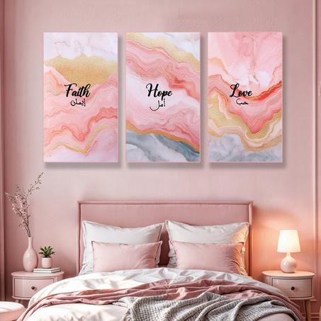 Tableau 3 pièces : Faith – Hope – Love en rose 1