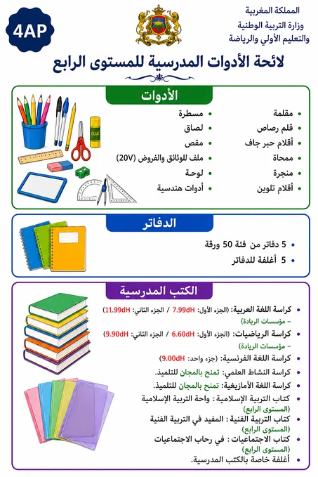لائحة الأدوات المدرسية للسنة الرابعة ابتدائي (4AP)
