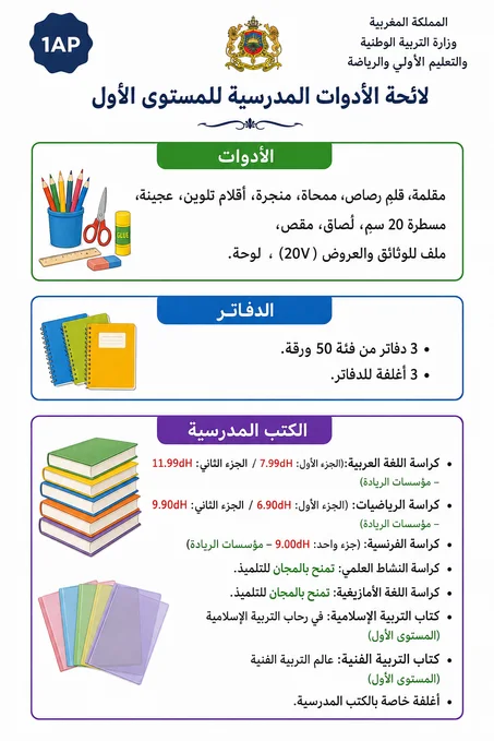 لائحة الأدوات المدرسية للسنة الأولى ابتدائي (1AP)