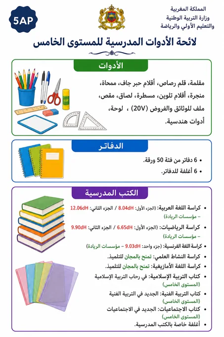 لائحة الأدوات المدرسية للسنة الخامسة ابتدائي (5AP)