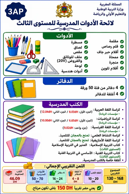 لائحة الأدوات المدرسية للسنة الثالثة ابتدائي (3AP)