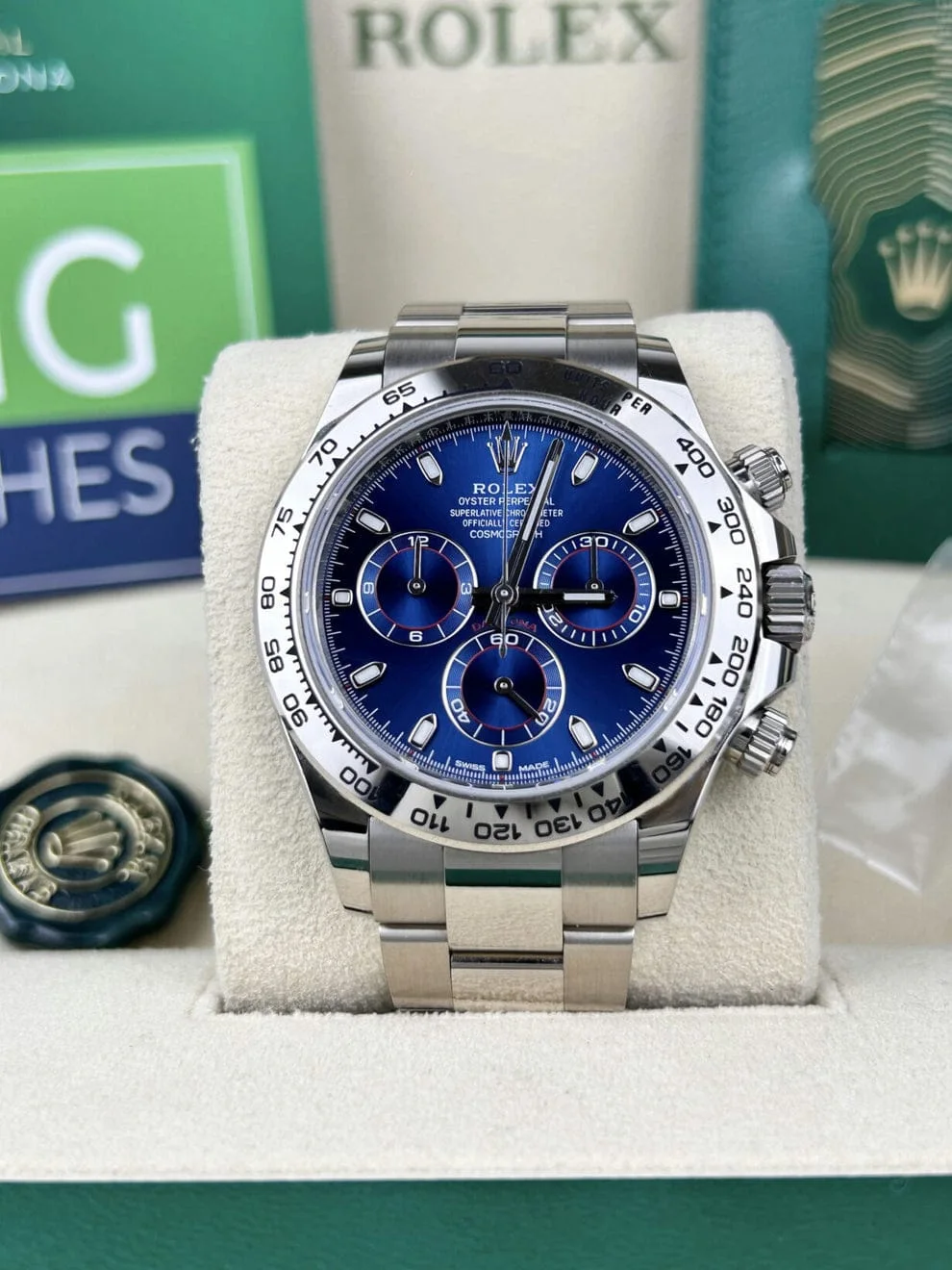 Rolex Daytona – White Gold Blue Baton Dial –
