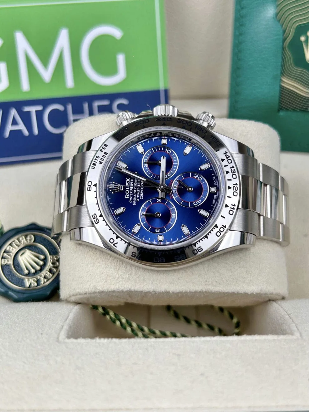 Rolex Daytona – White Gold Blue Baton Dial –