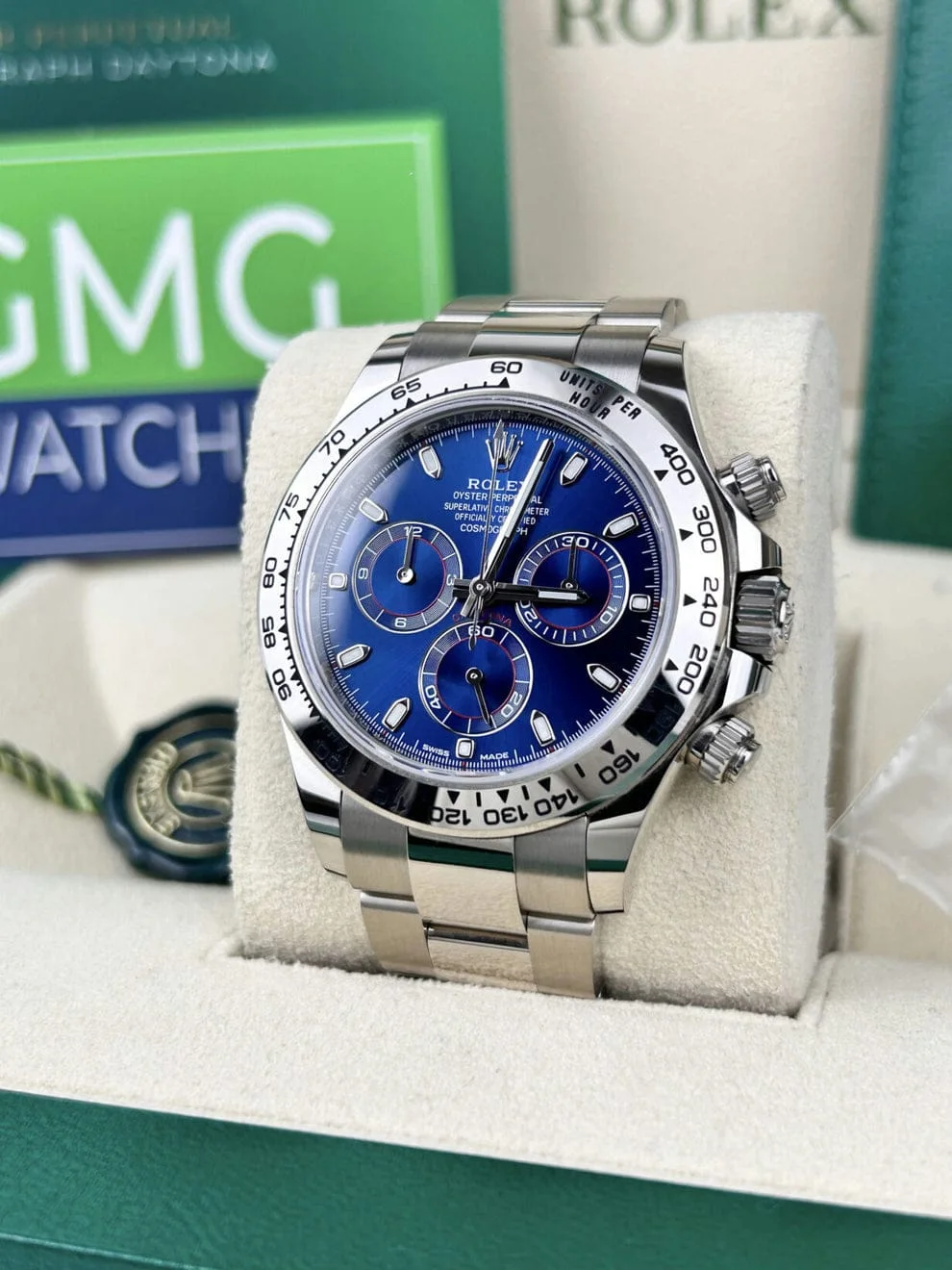 Rolex Daytona – White Gold Blue Baton Dial –