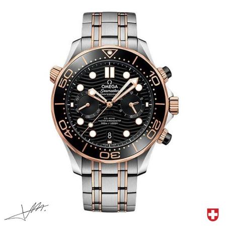 omega chronograph 300 drive chronometer stainless steel black dial rose gold