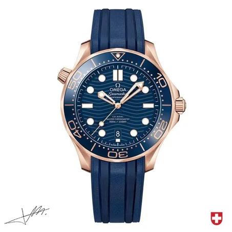 Omega Seamaster Diver 300 M  Blue Dial Steel ‑ Sedna Gold Case Blue Rubber Strap