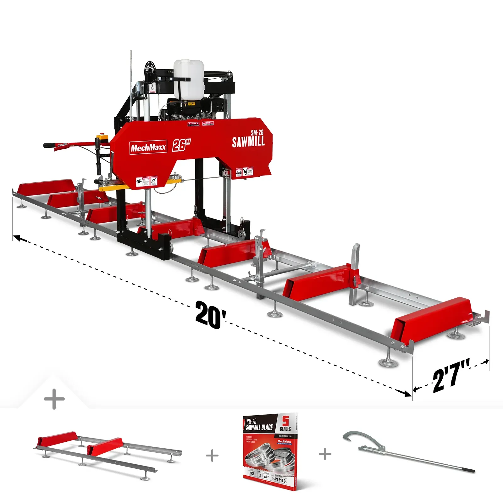 26" Portable Sawmill (5x Blades Included), 459cc 15HP E-Start Gasoline Engine, 22" Board Width, 20' Track Length (13' Track Length + 6.6' Track Extension Included) , SM-26
